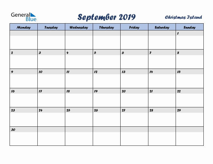 September 2019 Calendar with Holidays in Christmas Island