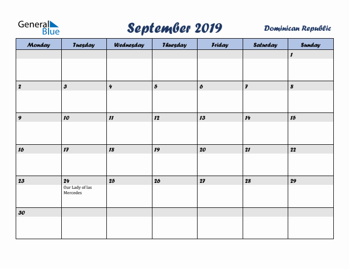 September 2019 Calendar with Holidays in Dominican Republic