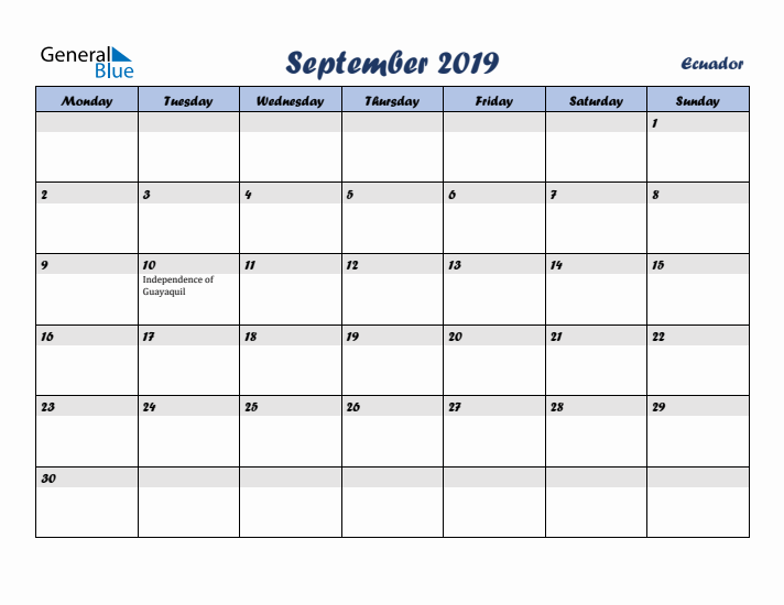 September 2019 Calendar with Holidays in Ecuador