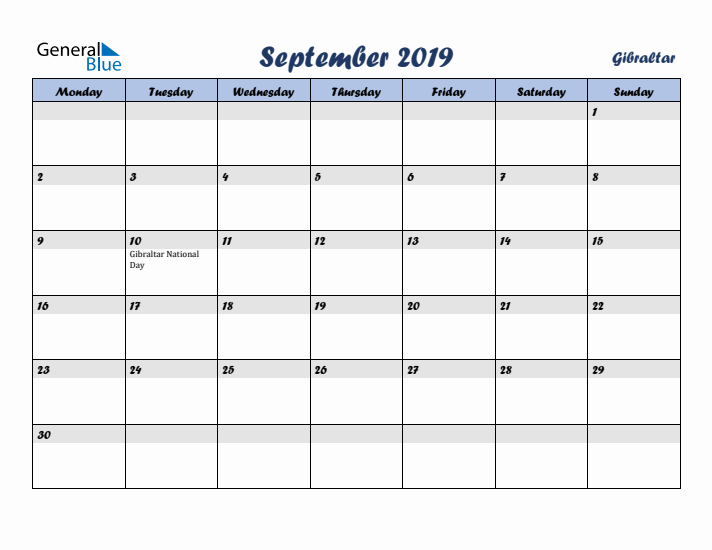 September 2019 Calendar with Holidays in Gibraltar