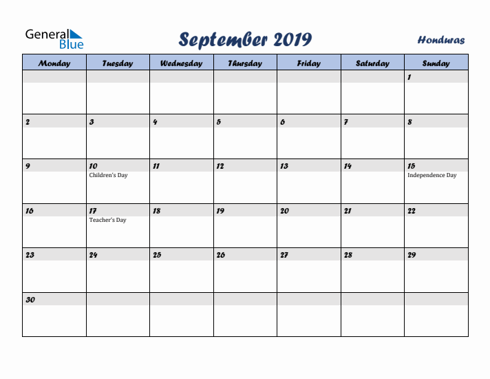 September 2019 Calendar with Holidays in Honduras