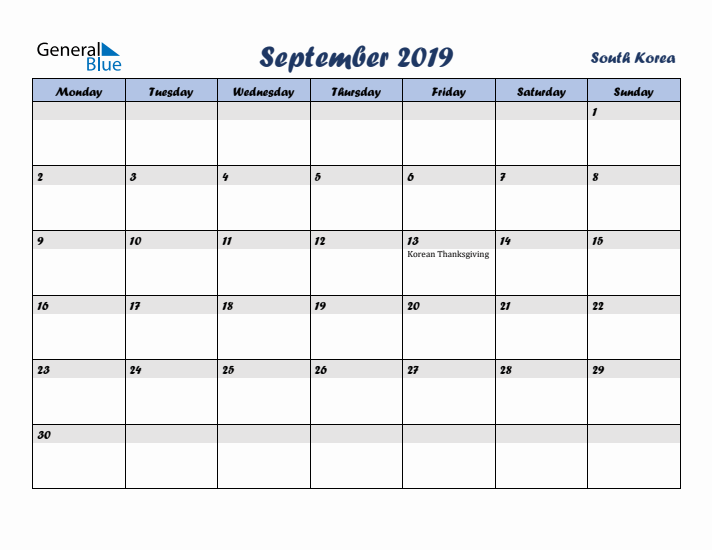 September 2019 Calendar with Holidays in South Korea