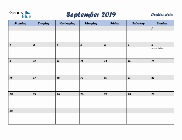 September 2019 Calendar with Holidays in Liechtenstein