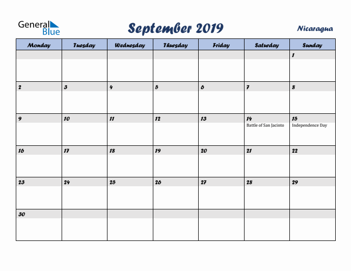September 2019 Calendar with Holidays in Nicaragua