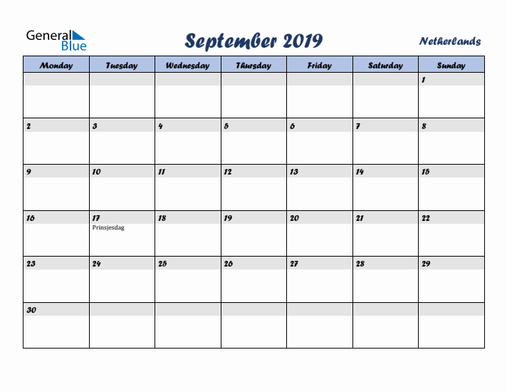 September 2019 Calendar with Holidays in The Netherlands