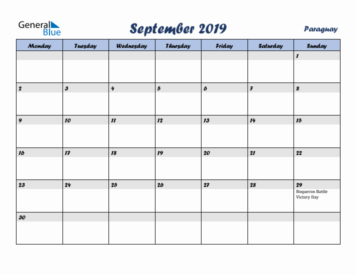 September 2019 Calendar with Holidays in Paraguay