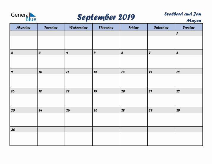 September 2019 Calendar with Holidays in Svalbard and Jan Mayen