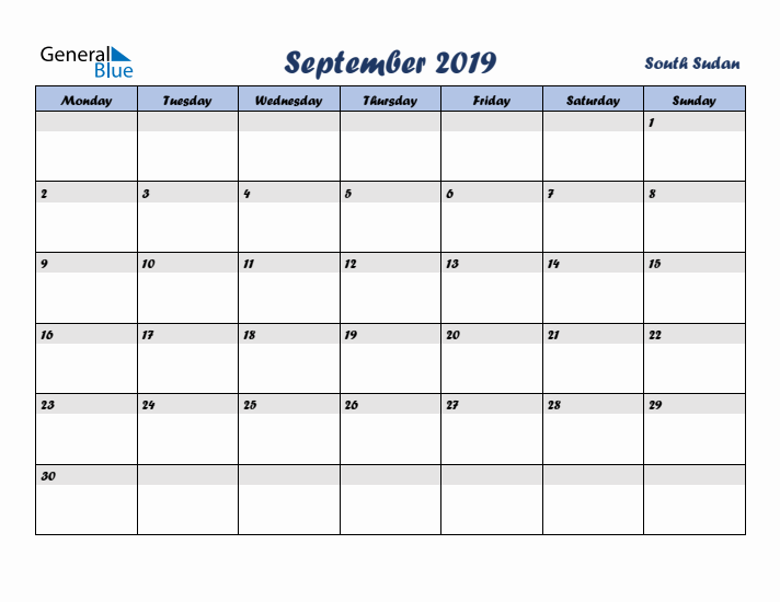 September 2019 Calendar with Holidays in South Sudan