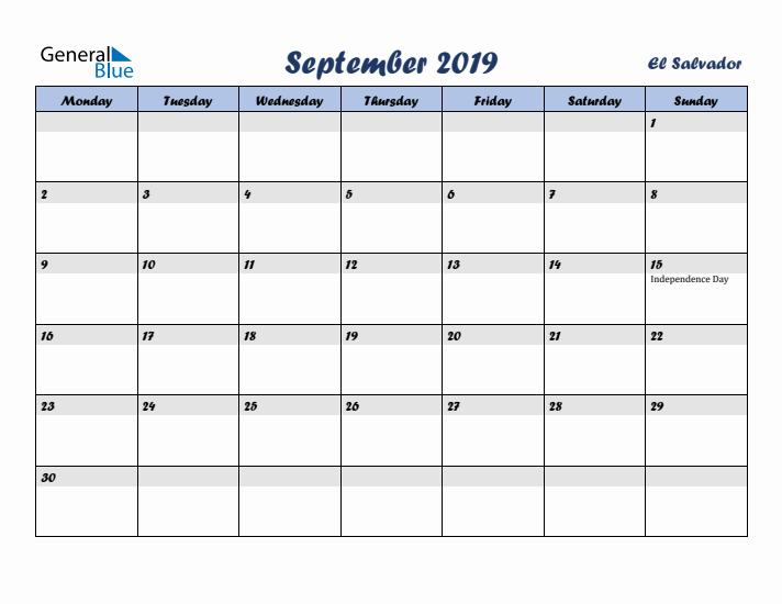 September 2019 Calendar with Holidays in El Salvador