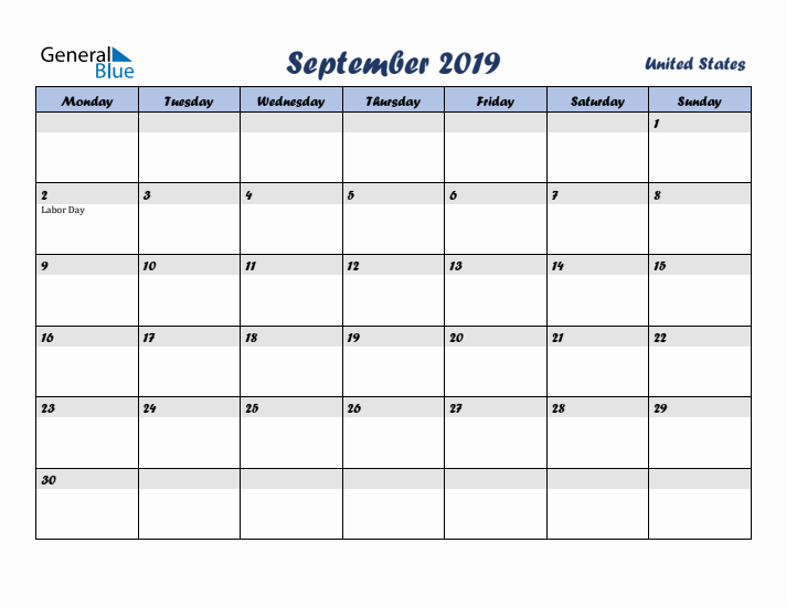 September 2019 Calendar with Holidays in United States