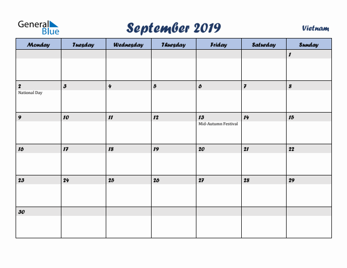 September 2019 Calendar with Holidays in Vietnam