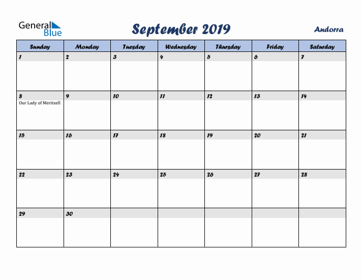 September 2019 Calendar with Holidays in Andorra