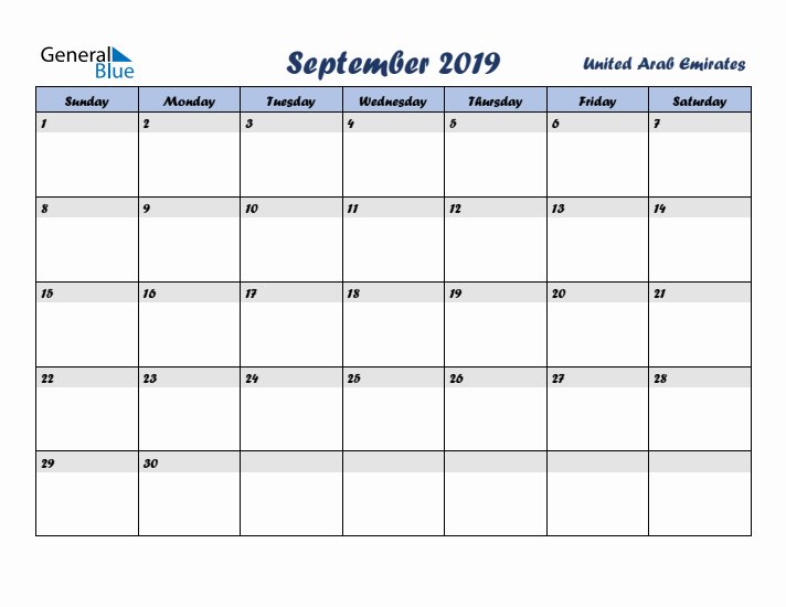 September 2019 Calendar with Holidays in United Arab Emirates