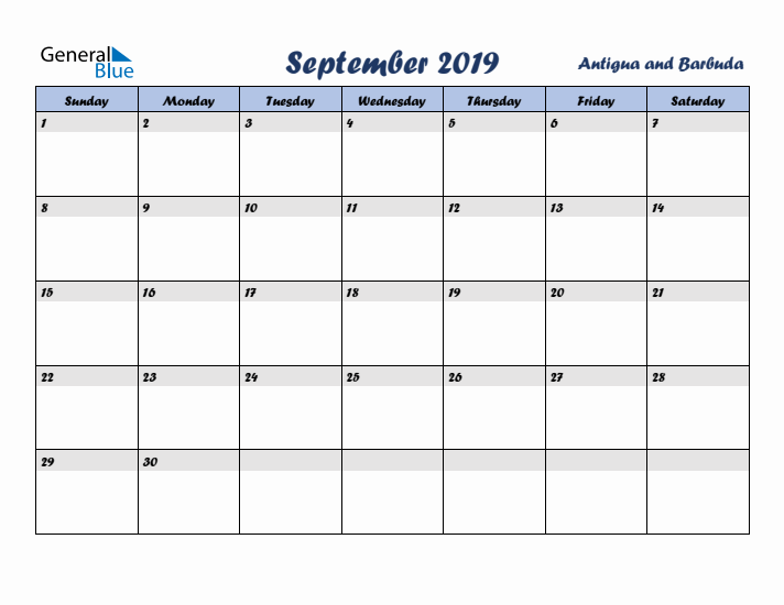 September 2019 Calendar with Holidays in Antigua and Barbuda