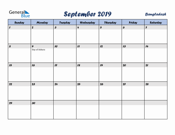 September 2019 Calendar with Holidays in Bangladesh