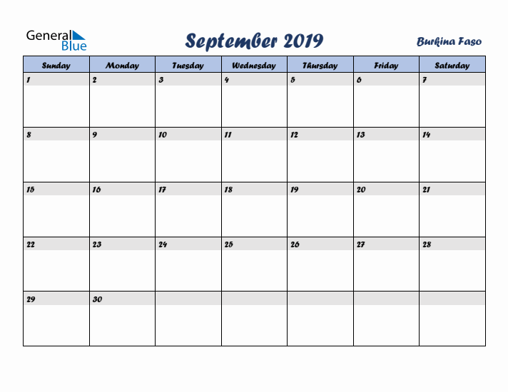 September 2019 Calendar with Holidays in Burkina Faso