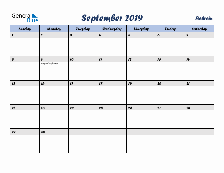 September 2019 Calendar with Holidays in Bahrain