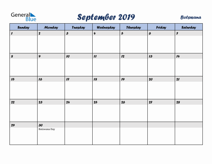 September 2019 Calendar with Holidays in Botswana