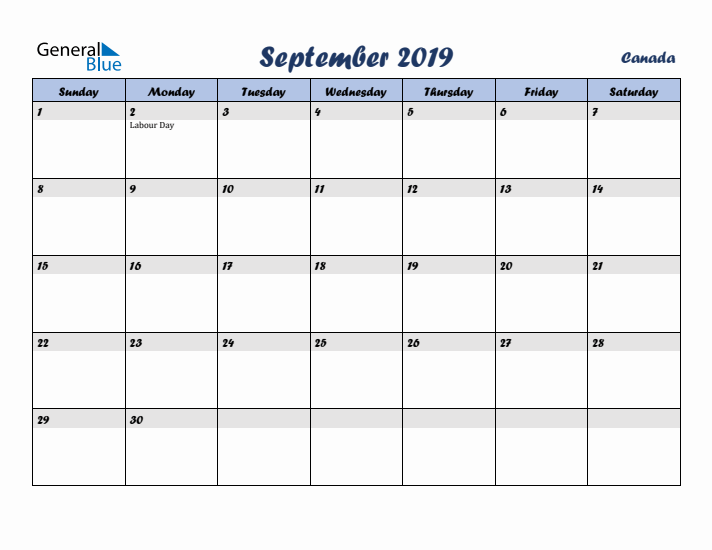 September 2019 Calendar with Holidays in Canada
