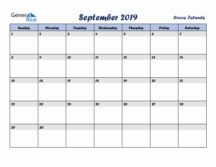 September 2019 Calendar with Holidays in Cocos Islands