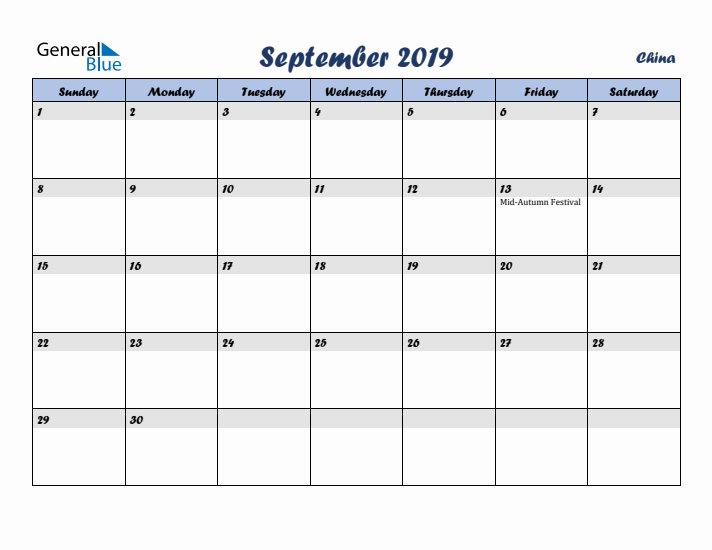 September 2019 Calendar with Holidays in China