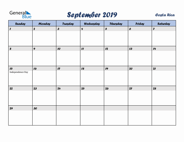 September 2019 Calendar with Holidays in Costa Rica