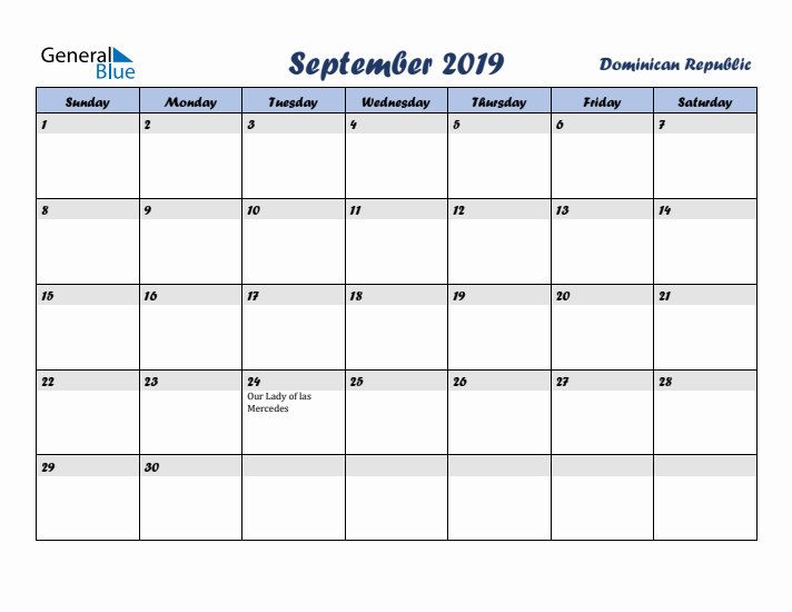 September 2019 Calendar with Holidays in Dominican Republic