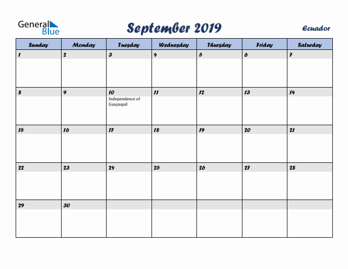 September 2019 Calendar with Holidays in Ecuador