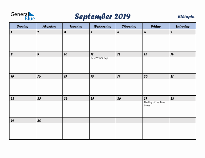 September 2019 Calendar with Holidays in Ethiopia