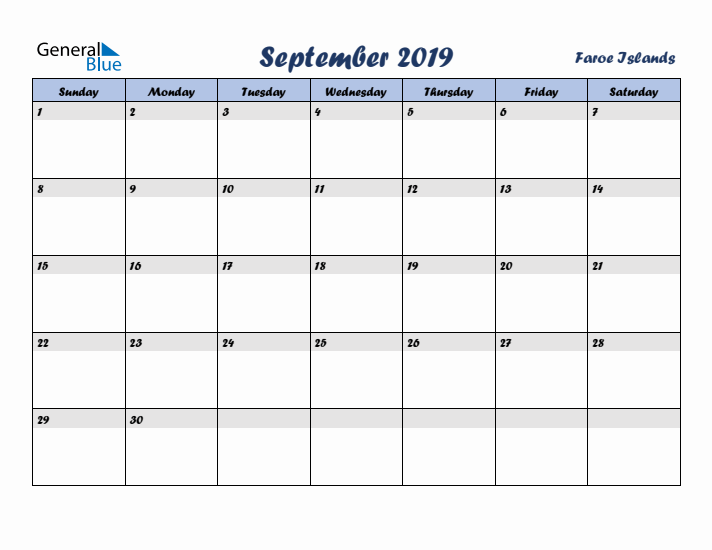 September 2019 Calendar with Holidays in Faroe Islands