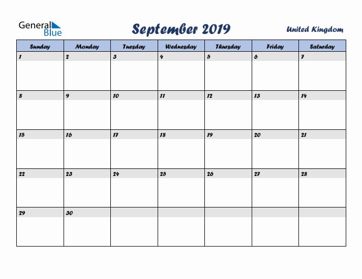 September 2019 Calendar with Holidays in United Kingdom