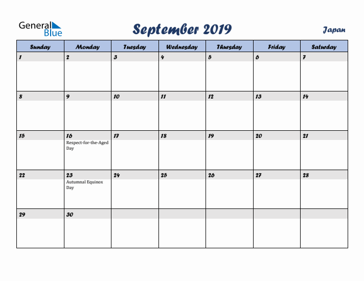September 2019 Calendar with Holidays in Japan