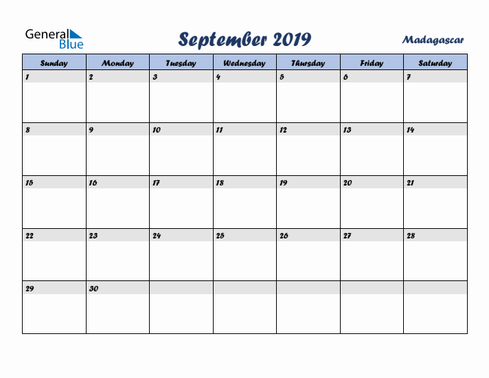 September 2019 Calendar with Holidays in Madagascar
