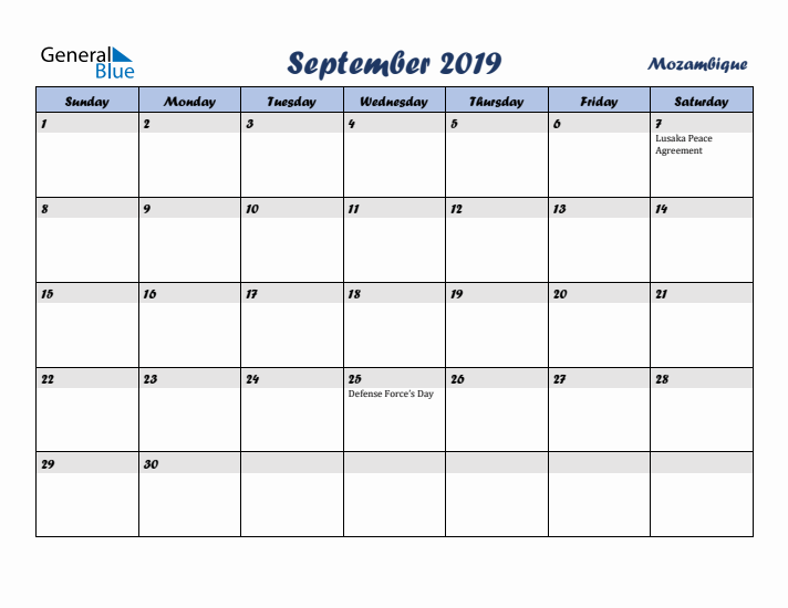September 2019 Calendar with Holidays in Mozambique