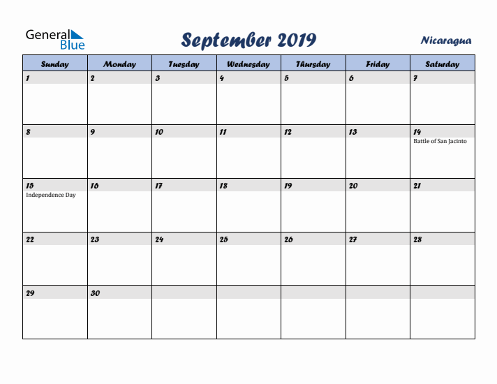 September 2019 Calendar with Holidays in Nicaragua