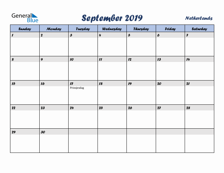 September 2019 Calendar with Holidays in The Netherlands
