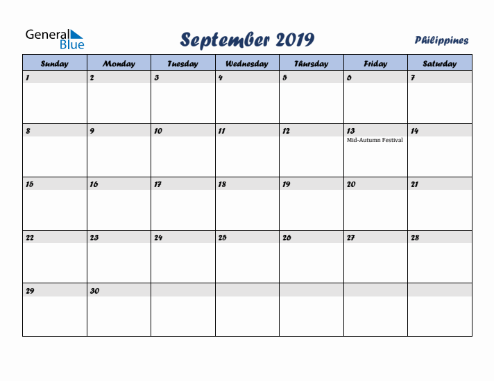September 2019 Calendar with Holidays in Philippines