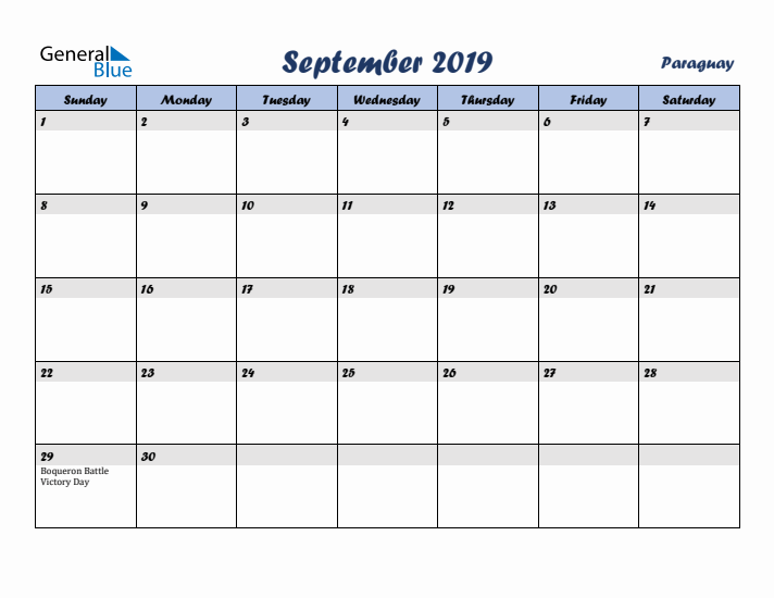 September 2019 Calendar with Holidays in Paraguay