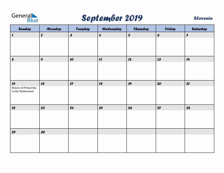 September 2019 Calendar with Holidays in Slovenia