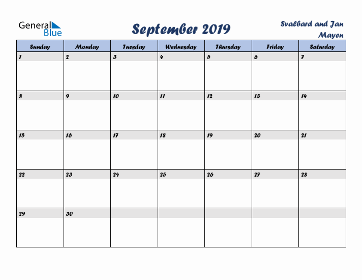 September 2019 Calendar with Holidays in Svalbard and Jan Mayen