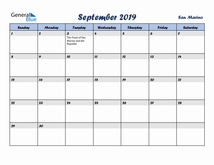 September 2019 Calendar with Holidays in San Marino