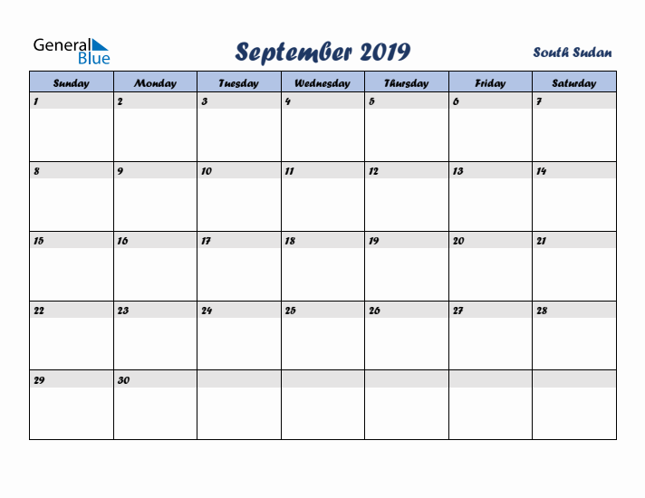 September 2019 Calendar with Holidays in South Sudan