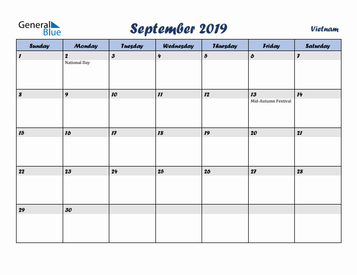 September 2019 Calendar with Holidays in Vietnam