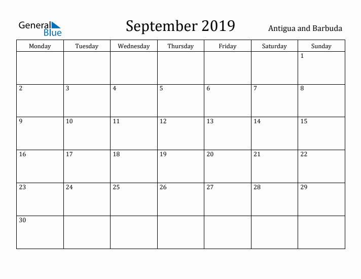 September 2019 Calendar Antigua and Barbuda