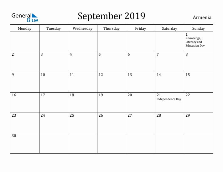 September 2019 Calendar Armenia
