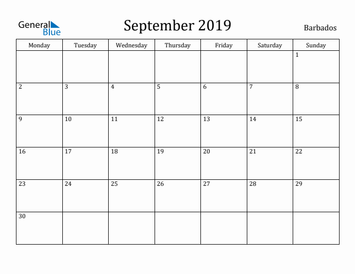 September 2019 Calendar Barbados