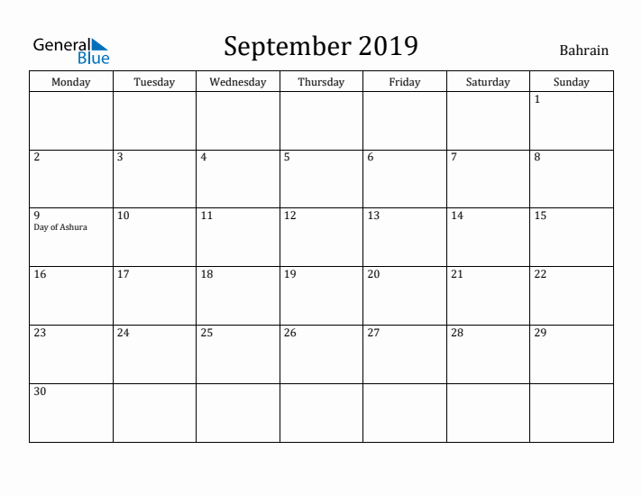 September 2019 Calendar Bahrain