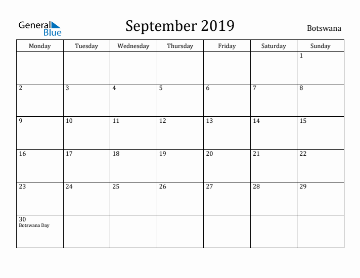 September 2019 Calendar Botswana