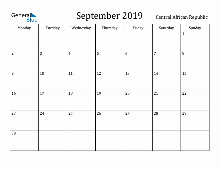 September 2019 Calendar Central African Republic