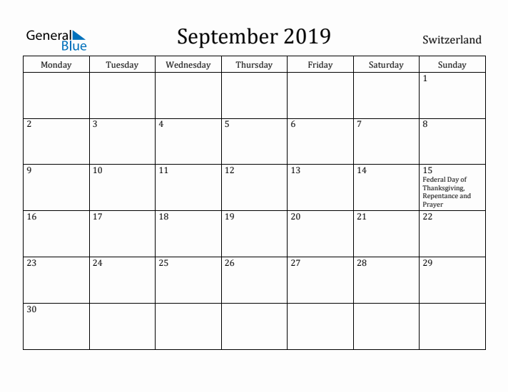 September 2019 Calendar Switzerland